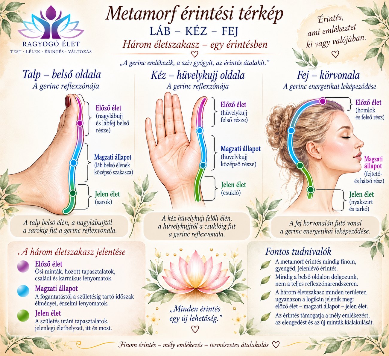 Metamorf érintési térkép: a gerinc reflexzónája a talp belső oldalán, a kéz hüvelykujj felőli oldalán és a fej körvonalán, három életszakasszal: előző élet, magzati állapot, jelen élet